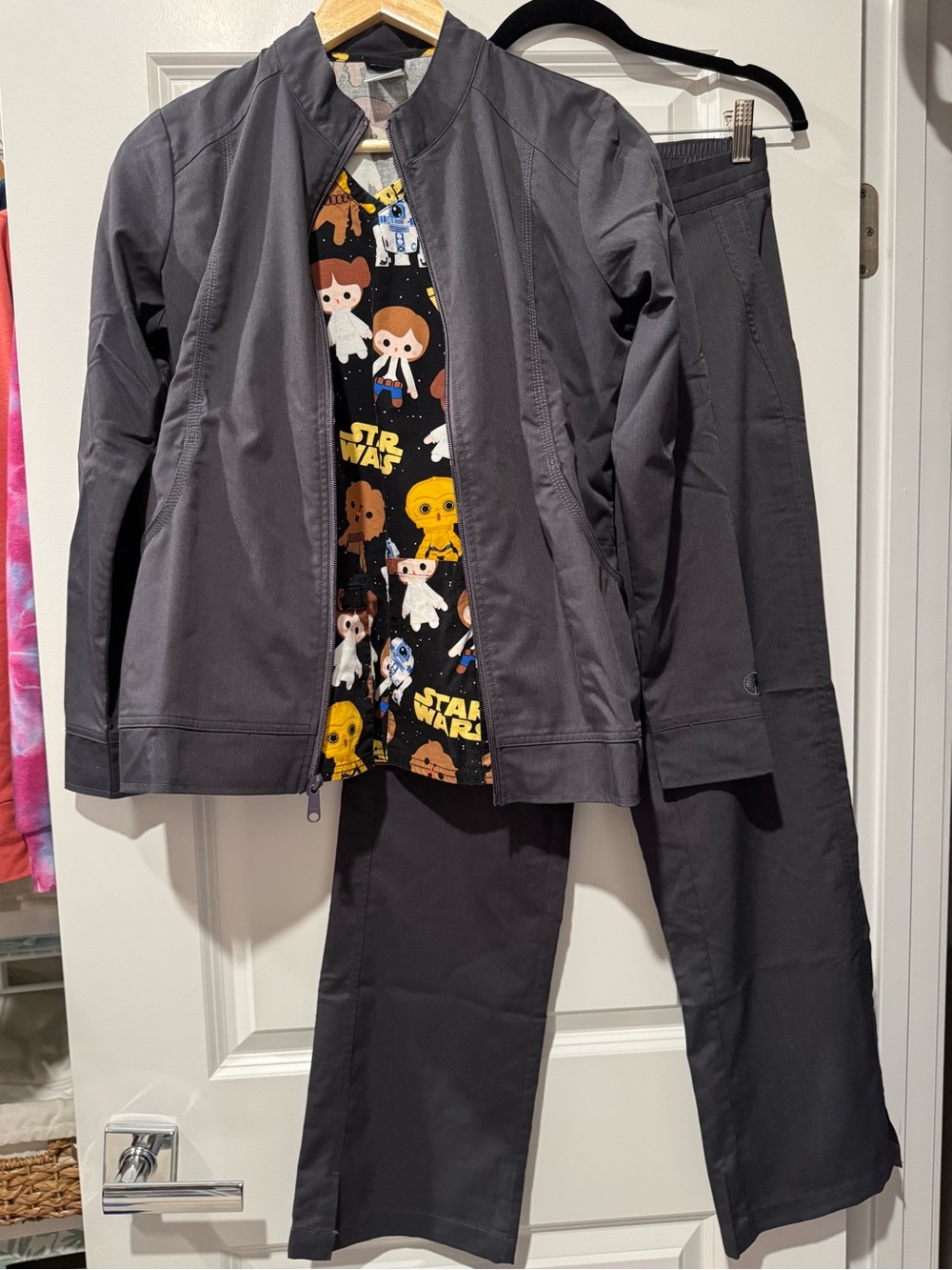 XS 3Pc Scrub Set Chip n’ Dale But Coffee First Healing Hands Navy Pants & Jacket